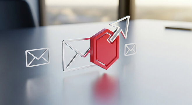 Cybersecurity email protection concept, red shield icon on glass envelope, secure digital communication technology