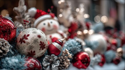 Colorful Christmas decorations fill the scene featuring a snowman among shiny ornaments pine cones and vibrant accents for the holiday season.