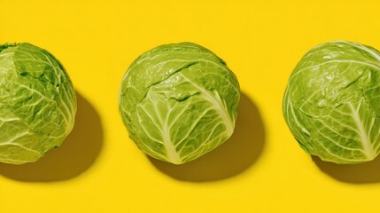 Fototapeta premium Vibrant Heads of Cabbage: Three freshly picked, vibrant green cabbages are arranged against a bright yellow backdrop. Their leafy textures and symmetrical forms showcase natural beauty and freshness.
