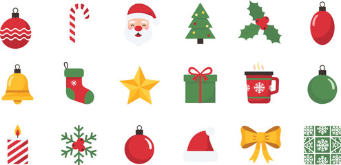 Christmas and New Year Flat Icons Set, Holiday Decorations, Santa Claus, Xmas Tree, and Festive Symbols Vector Collection