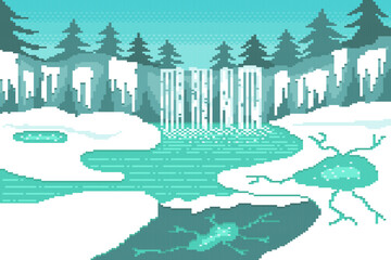 Waterfall with frost fractures and cracked ice in winter, snow landscape on pine background.