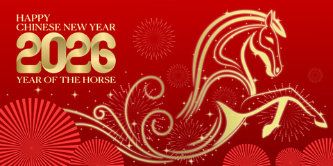 Golden horse illustration for 2026 chinese new year celebration on red background symbolizing strength and prosperity, vector eps