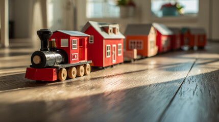 A wooden red toy train with multiple carriages arranged in a row on a wooden floor in soft natural light streaming through the windows in the background