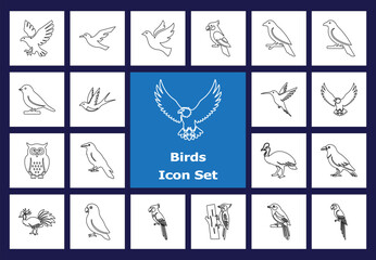 A diverse collection of bird illustrations, featuring various species in flight and perched, perfect for digital and print design projects