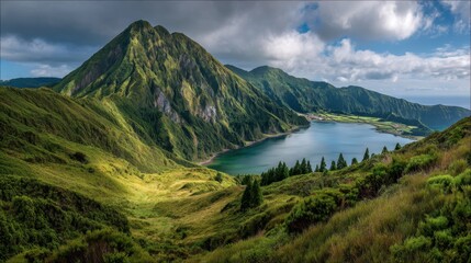 View of a mountain rising above a bay surrounded by green hills. The landscape has patches of sunlight and clouds in the sky. This scene captures nature's beauty in a coastal area.