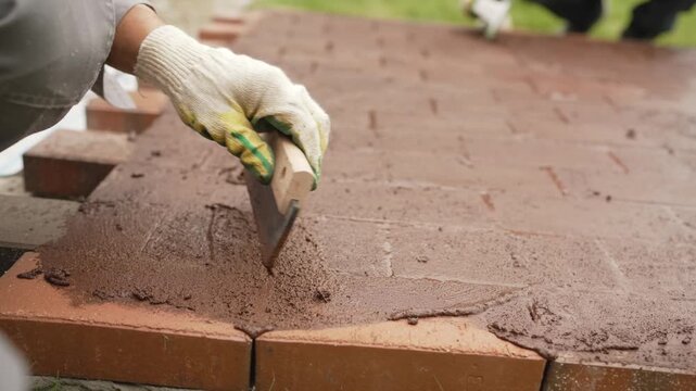 Hand grouting brick paving renovating outdoor patio