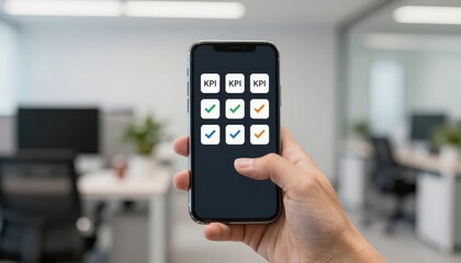 Hands Holding Smartphone with Kpi Dashboard Modern Office