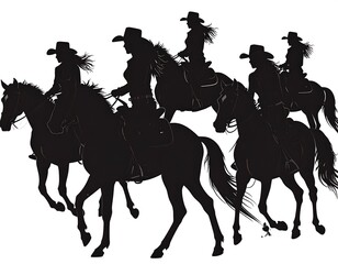 Silhouetted illustration of cowgirls on horses, riding together