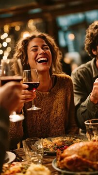 Group of happy people toasting with wine glasses around a holiday dinner table filled with food. Fun family and friends celebrating a special occasion, Thanksgiving day eat tasty delicious turkey.