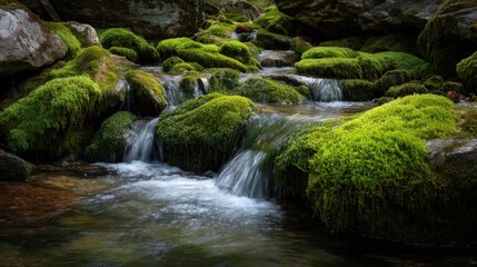 Obraz premium A stream with flowing water moves over rocks covered in green moss. The scene is set in a forest with abundant vegetation and natural light during the day.