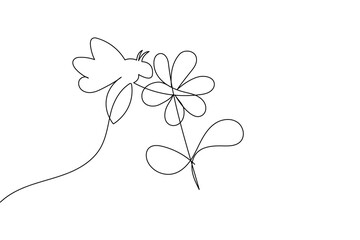 Minimalist bee and flower continuous one line art vector illustration
