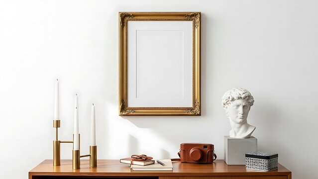 Elegant wooden cabinet with decor and a framed picture on the wall.