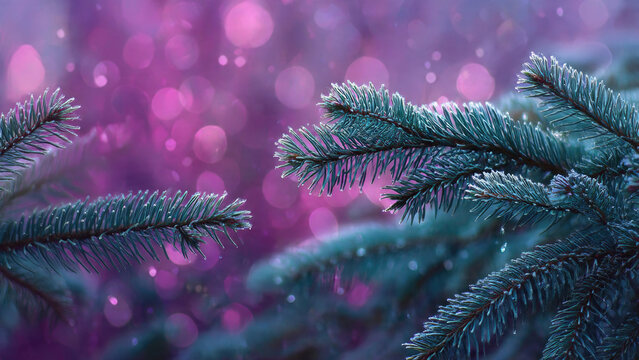 Close-up of frosted pine branches with ice drops, set against a magical, blurred background of vibrant pink and purple bokeh lights. - Powered by Adobe