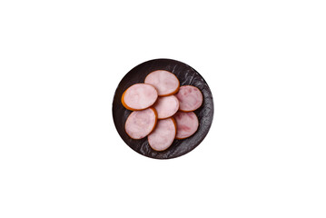 Ham, cooked sausage slices for breakfast sandwiches. Sliced boiled sausage