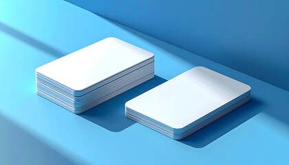 Modern stack of blank white cards with rounded corners on a vibrant blue background, perfect mockup for sleek brand identity, professional business, or credit card design presentation