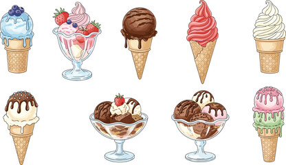 Colorful ice cream dessert collection with cones and sundaes — perfect for summer treats, sweet food, and dessert themes