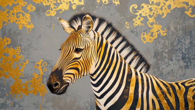 A modern art style zebra portrait set against a gold and black backdrop. It's an eye-catching piece that would make a statement on any wall.