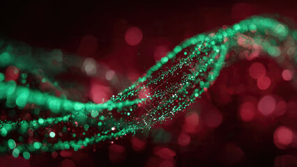A luminous, abstract double helix of shimmering green and red particles against a blurred dark background, evoking biological complexity, digital art, and scientific wonder.