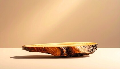 Circular wooden slice with natural bark edges and smooth flat top surface, placed on neutral background with soft lighting.