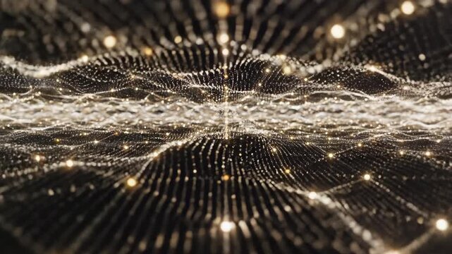 Dynamic flowing wave energy transforms seamlessly into a dense field of interconnected glowing digital particles in constant motion energetic, seamless transition, science