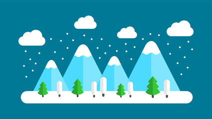 Winter mountain landscape with snow peaks, evergreen trees, snowfall and sky. Suitable for seasonal themes, holidays, nature concepts, travel graphics, outdoor winter activities. Vector illustration. 