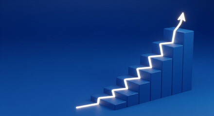 Upward trend concept: a glowing arrow climbs a staircase on a blue background
