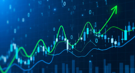 Financial market growth chart with green arrow pointing upwards on a blue background