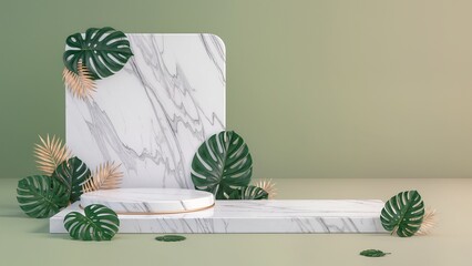 3D modeled marble display stand, tropical leaf patterns, soft green-beige background blend, product mockup template, strategic empty space for branding,