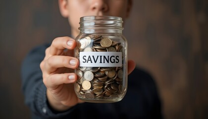 Young person proudly presents a glass jar overflowing with coins labeled for future financial security