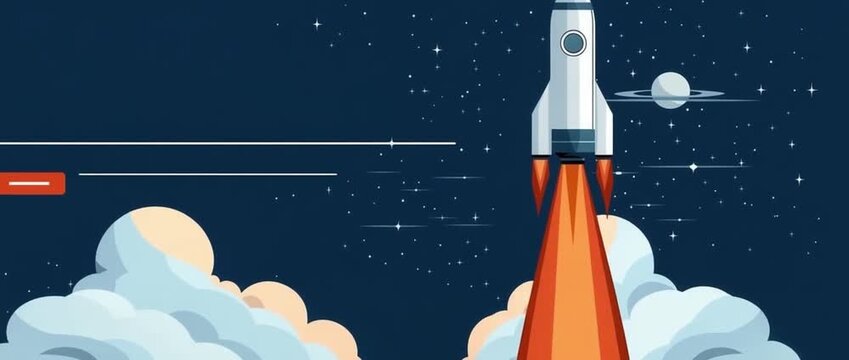 Modern flat design illustration of a rocket launching towards a distant ringed planet in the deep blue cosmic expanse