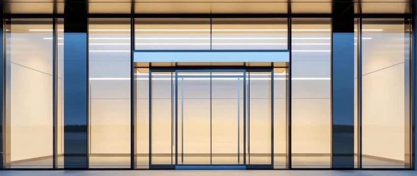 Contemporary entrance featuring automatic glass sliding doors set within the dark facade of a modern commercial building