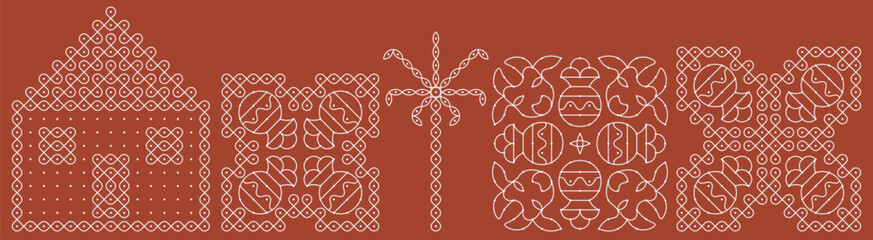 Pongal special pulli kolam, dotted rangoli set. Indian Traditional home decor folk art vector illustration.