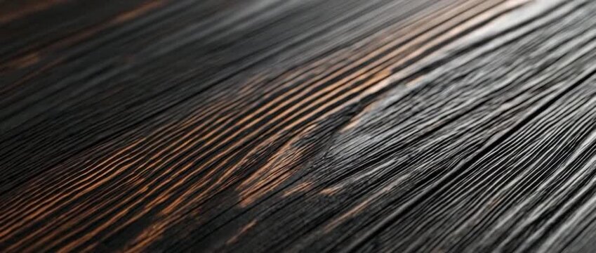 Close up of dark textured wooden planks laid diagonally Deeply brushed grain with visible warm brown highlights