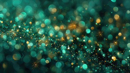 A mesmerizing abstract background featuring a cascade of sparkling teal and golden bokeh lights, creating a magical, festive atmosphere with glimmering stars and glitter.