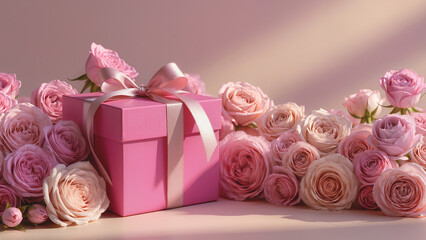 Pastel-colored gift box adorned with satin bow, placed beside a cascading bouquet of roses and baby's breath.