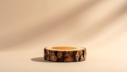 Circular wooden slice with natural bark edges and smooth flat top surface, placed on neutral background with soft lighting.