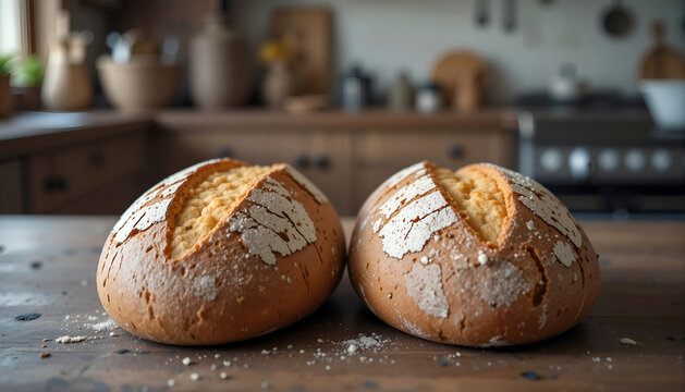 Freshly baked artisan bread loaves with golden crust and flour dust on wooden table, showcasing rustic kitchen ambiance and culinary craftsmanship - Powered by Adobe