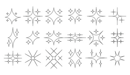 Set of diverse sparkle outline icons, glitter effects, shine elements, and starburst symbols for design projects.