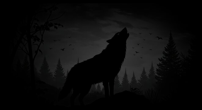 Silhouetted wolf howling at the moon, surrounded by dark forest and birds flying above