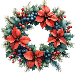 Christmas wreath with poinsettia, holly berries, and green leaves, a beautiful holiday flower decoration