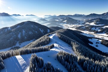 Winter Wonderland Vista: A breathtaking aerial perspective of snow-covered mountain, where crisp air is filled with a fresh vibe. Trees and terrain create a magical scenery. 