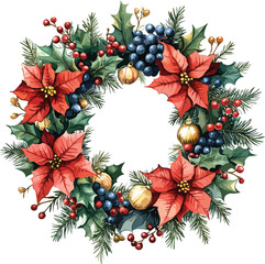 A festive Christmas wreath decoration featuring holly berries and a green ribbon bow on a pine branch frame