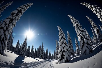 Winter Wonderland: An awe-inspiring perspective showcases a snow-covered forest under a brilliant sun, the towering trees standing majestic against a deep blue sky.Snowy winter landscape with trees an