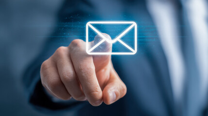 Businessperson pointing at glowing envelope icon representing email communication and digital messaging in a modern technology environment
