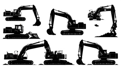 Silhouetted Heavy Machinery Including Multiple