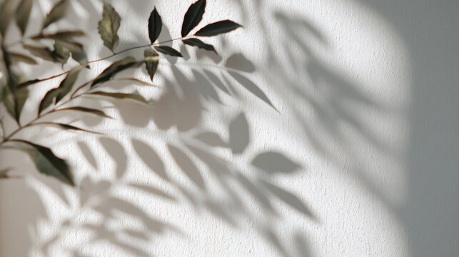 Leaves cast shadows on a plain wall showing a mix of shapes. Sunlight highlights the shadows creating an interesting visual effect. The scene captures natural light focusing on the forms.