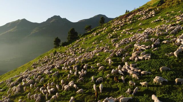 Aerial view of a large herd of sheep grazing on a steep green slope. The livestock moves across the alpine meadows during the seasonal transhumance
