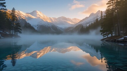 Serene mountain lake at sunrise, crystal-clear water reflecting snow-covered peaks, soft golden sunlight illuminating mist over the surface, pine trees surrounding the lake.