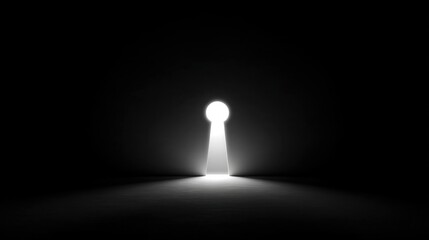 Light beams from a keyhole in a dark space. The surrounding area is shadowy and the light creates a strong contrast in the scene. The keyhole stands out as a source of brightness.