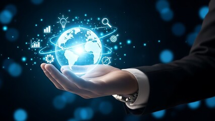Hand holding glowing globe representing global technology and innovation.